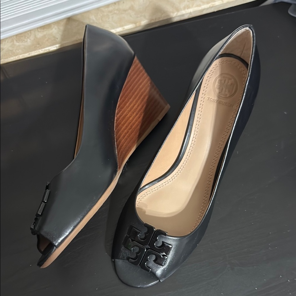 Tory Burch Black and Brown Wedge Shoes